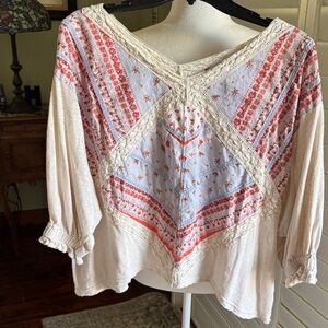 Free People Cream and Red Boho Blouse